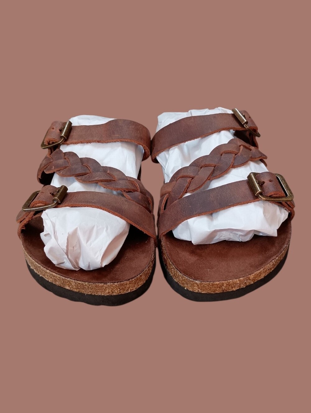 White Mountain Deep Brown Braided Leather Sandals Size 7.5-8 EUC - Picture 2 of 9